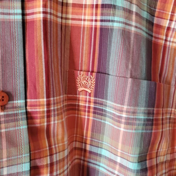 Cinch Men's Red Orange Plaid Long Sleeve Button Down Front Shirt Size Medium - Picture 6 of 11